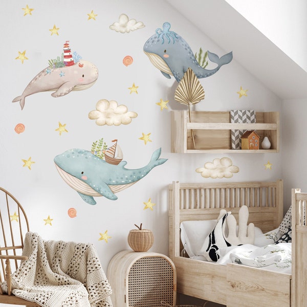 Three Whales Nursery Wall Decals Removable Peel and Stick Kids Bedroom Wall Decal Ocean Animals Wall Stickers Under the sea Nursery Decor