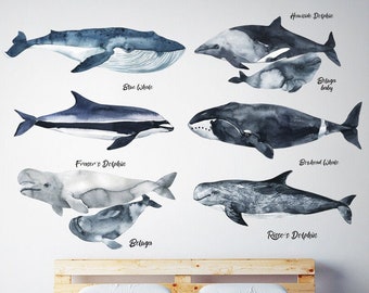 Sea World Wall Stickers for Kids Room Decor,Ocean Wall Decals for Nursery with Whale,Dolphin,Watercolour Whales Wall Decal,Boys Wall Decals
