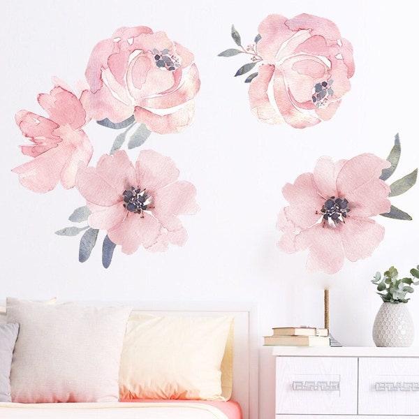 Pink Rose Floral Wall Decal, Peel & Stick Waterproof Plant Floral Wall Stickers, Pastel Flowers Wall Sticker for Bedroom, Home Decor