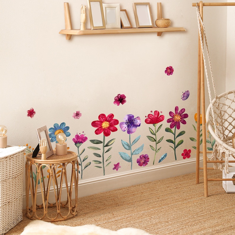 Wildflower Wall Decals for Nursery, Flower Wall Stickers Girl's Bedroom Decor, Nursery Decals Removable, Baseboard Decal,Wall Corner Decor image 6