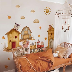 Calcomanías de pared de animales de granja: calcomanías de vinilo removibles para guardería, habitación de niños, decoración con temática de granja, animales de granja de dibujos animados