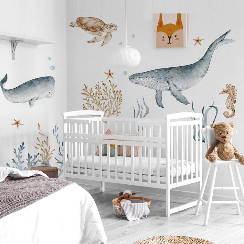 Ocean Life Wall Decals for Nursery Decor,Kids Room Decor,Underwater Marine Animals Sticker Set with Whales, Sea Turtle ,Boy's Bedroom zdjęcie 3