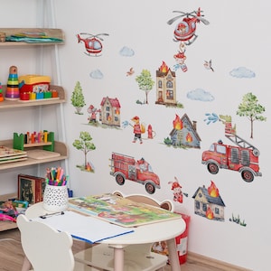 Fire Brigade & Helicopter Set Wall Decal for Baby Room Wall Stickers  Kids Bedroom Decor Self-adhesive Nursery Wall Sticker Boys Room Decor