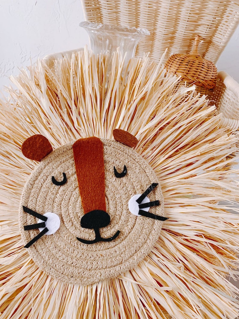 Lion Face Raffia Wall Hanging,Safari Jungle Nursery Decor,Lion Head Boho Kids Room Decor Wall Art, Birthday's Gift,Lion Nursery Wall Decor image 2