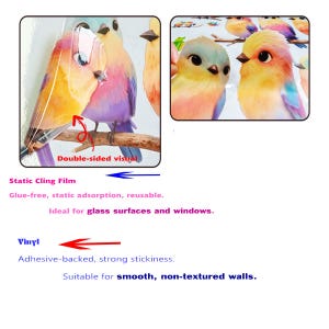 May include: Colorful bird decals, featuring a double-sided visual of vibrant birds perched on branches. The image includes text indicating "Static Cling Film" and "Vinyl" options, suitable for glass surfaces and smooth walls.