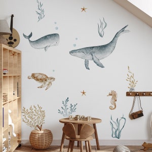 Ocean Life Wall Decals for Nursery Decor,Kids Room Decor,Underwater Marine Animals Sticker Set with Whales, Sea Turtle ,Boy's Bedroom zdjęcie 4