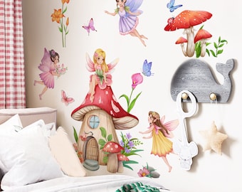 Girl's Bedroom Wall Decals, Fairy Wall Stickers, Peel and Stick, Removable, Fairy and Mushroom Decals for Nursery,Kids Room Decor