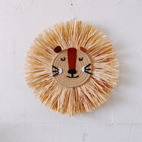 Tapiz de pared de rafia con forma de león: decoración bohemia estilo safari para habitación infantil