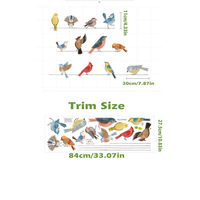 May include: A sheet of bird-themed wall decals. The decals feature various colorful bird illustrations, with dimensions of 11 inches by 7.87 inches and 33.07 inches by 10.83 inches. The text "Trim Size" is also included.