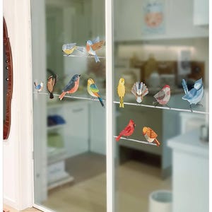 May include: A collection of colorful bird decals are affixed to a glass door. The birds are depicted in various poses and colors, including red, blue, yellow, and orange. The decals are arranged as if perched on a wire.