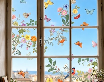 Spring Flower & Butterflies Window Clings: Reusable Static Decal,Spring Decor, Window Decals,NO Glue