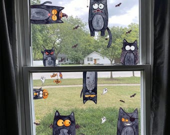 Schattige zwarte kat Halloween raamstickers, statische raamstickers voor glas, dubbelzijdige griezelige katten raamstickers Halloween decoratie