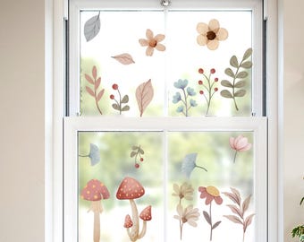 Mushroom Window Static Clings,Spring Botanical Window Decals,Removable Flower Glass Stickers,Kids Room Wall ArtWoodland,Nursery Decor