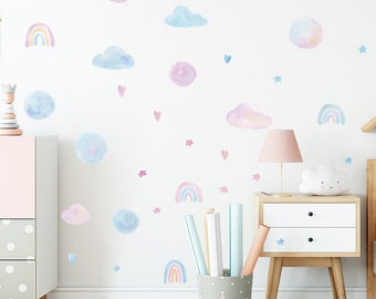 Watercolor Wall Decals Set-Buy 2 Get 1 Free,Cloud Wall Stickers for Nursery Decor,Pastel Wall Sticker,Kids Room Decor,Girls Room Wall Decal