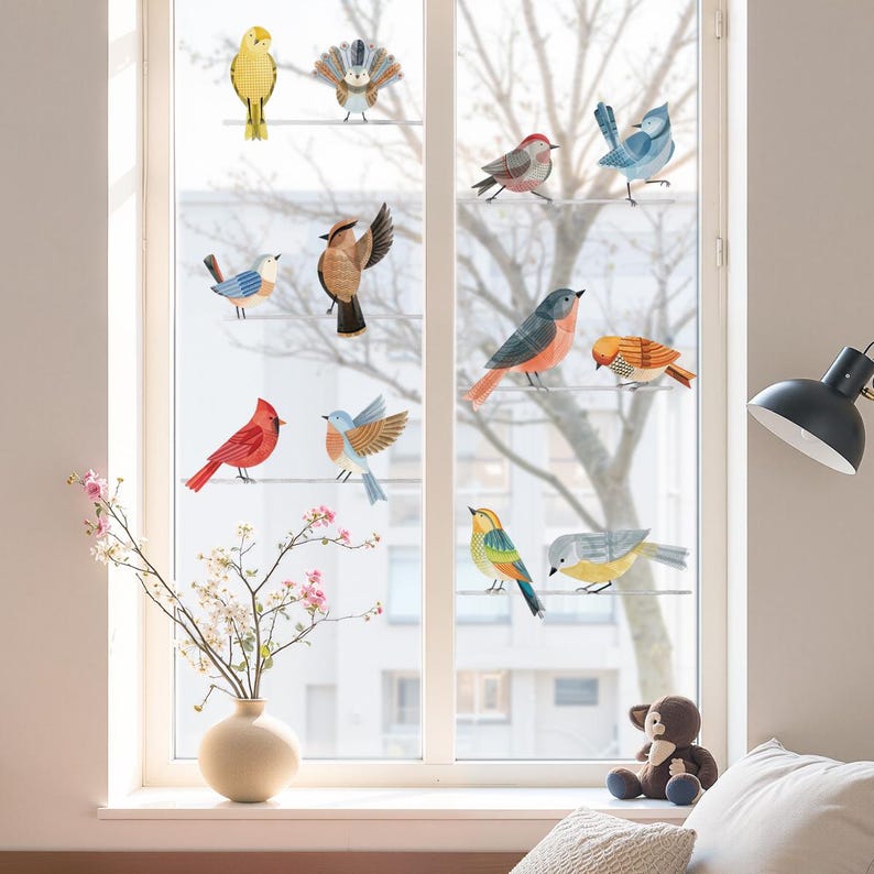 May include: A collection of colorful bird decals are affixed to a window, creating a whimsical scene. The birds, in various sizes and designs, are perched on thin, horizontal lines. A vase of flowers sits on the windowsill, adding a touch of nature to the interior.