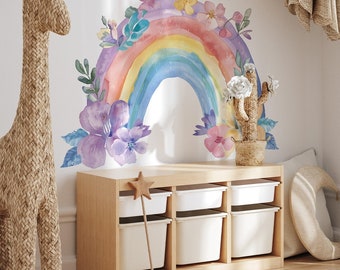 Vinilo decorativo de arcoíris floral con acuarela: decoración bohemia para habitación infantil