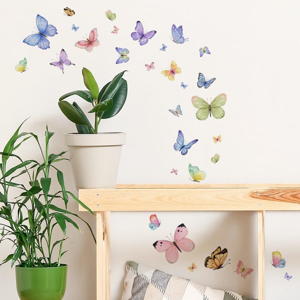 Watercolor Butterfly Wall Decals - Peel and Stick Butterfly Stickers for Nursery, Kids Room, or Living Room Decor - Removable Wall Art