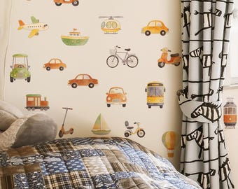 Watercolor Transportation Wall Decals for Kids Room, Nursery Transport Wall Stickers,   Toddler Boy Room Decor,Removable Playroom car decals