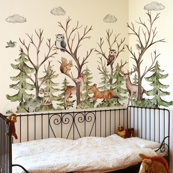 Watercolor Forest Animals Wall Decals: Nordic Nursery Decor