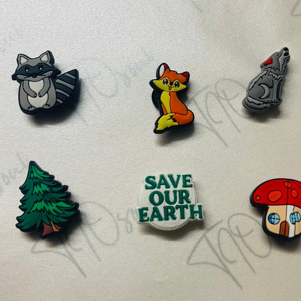 Forest theme shoe charm, Woodland animal shoe charm, Raccoon, Fox, Wolf, Mushroom, Save our Earth -  see description for discount codes!!!