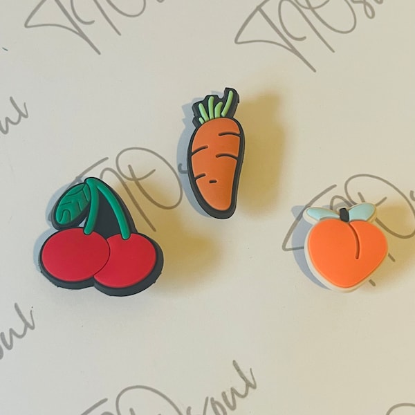 Fruit and Veg Shoe charms, Peach Shoe charm, Carrot shoe charm, Cherry Shoe charm   see description for discount codes!!!