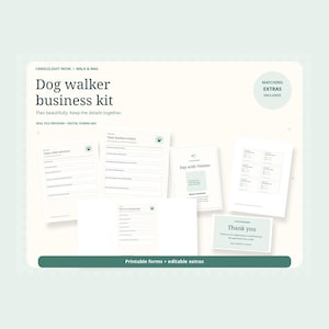 Könnte beinhalten: Ein digitales Business-Kit für Hundebetreuer mit druckbaren Formularen und bearbeitbaren Extras. Es enthält ein Abenteuer-Tagebuch, ein Routine-Formular, eine Venmo-Zahlungskarte, Visitenkarten sowie eine Dankeskarte für Kunden.