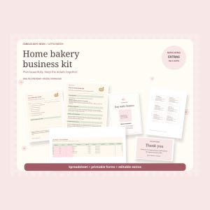 May include: A home bakery business kit digital download featuring printable forms, spreadsheets, and editable extras. The documents include bake-day notes, order logs, Venmo payment instructions, and thank you cards with text in black and soft pink.