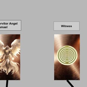 May include: Two images on a gray background. The left image features a detailed illustration of an angel with large white wings, a flowing robe, and a sword. The text "Servitor Angel Samael" is above the image. The right image shows a circular design with concentric circles and the text "Witness" above it.