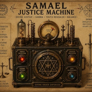 Może przedstawiać: Szczegółowa ilustracja "SAMAEL JUSTICE MACHINE" z tekstem. Maszyna jest ciemna z mosiężnymi akcentami, z wskaźnikami, światłami i centralnym wzorem gwiazdy. Tekst zawiera "Boską Sprawiedliwość", "Karmę" i "Objawiciela Prawdy".