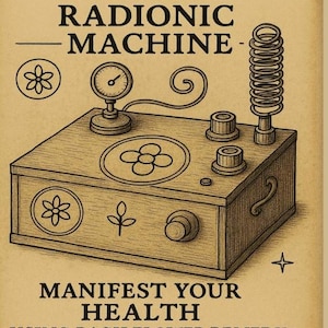 May include: An illustration of a wooden box labeled "PAPER HEALING RADIONIC MACHINE." The box has a gauge, coil, and other components. The text "MANIFEST YOUR HEALTH" and "USING BACH FLOWER REMEDY CARDS AND HEALING CODES" are also present.