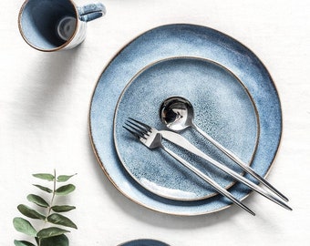 Ceramic Stoneware Sky-Blue Handmade Dinnerware Set, Kitchenware Set