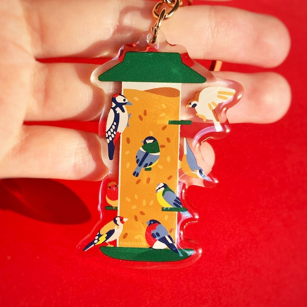 BIRD FEEDER Acrylic Keychain | Resin Coated Keychain with Gold Keyring