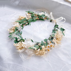 Daisy Baby Breath eucalyptusblad gedroogde bloemen kroon, boho bruiloft bruid kroon, lente kleurrijke wilde bloemen kroon, rustieke bloemen zendspoel
