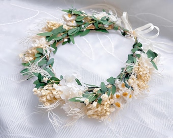 Daisy Baby Breath Eucalyptus Leaf Dried Flowers Crown, Boho Wedding Bride Crown, Spring Colorful Wildflower Crown,  Rustic Floral Headpiece