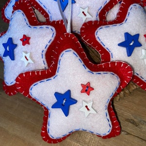 Red white and blue star with three star buttons.