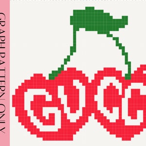 May include: A pixel art graphic pattern of two red cherries with green stems and leaves. The cherries are in the shape of the word "GOOD".