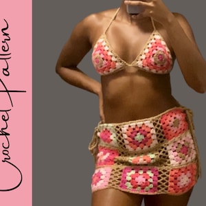 May include: A crochet bikini top and skirt set in a colourful granny square pattern with pink, beige, and green hues.