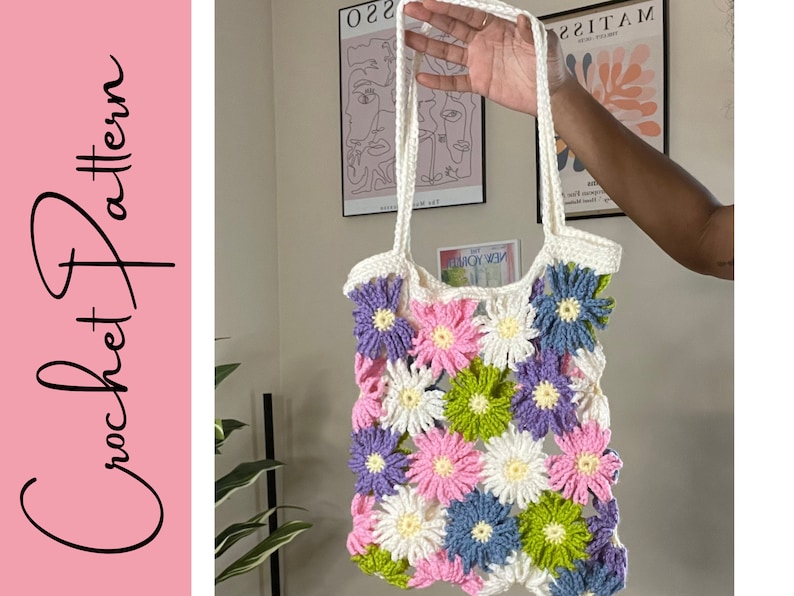 Crazy Daisy Market Bag Crochet PATTERN INTERMEDIATE LEVEL Crochet market bag tote handbag image 1