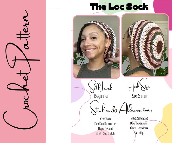 May include: A crochet pattern for a "Loc Sock" hat, a beginner-friendly project using a 5 mm hook. The pattern includes instructions for stitches and abbreviations, such as chain, double crochet, repeat, and slip stitch.