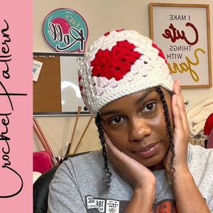 Easy Crochet Granny Square Heart Beanie Hat Pattern