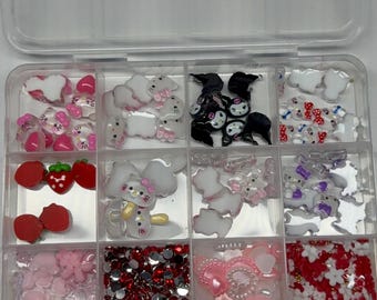 Kawaii Hello Kitty Nagel Anhänger | Pink, Rot, Schwarz Bögen, Glitzerakzente