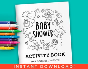 May include: A black and white printable baby shower activity book with a cute cartoon design. The cover features a circle of baby-related items such as a rattle, a pacifier, a baby bottle, a sock, a heart, a star, a moon, a balloon, and a block with the letter A. The text "Baby Shower Activity Book" is written in large letters at the top of the page. The text "This book belongs to:" is written at the bottom of the page.