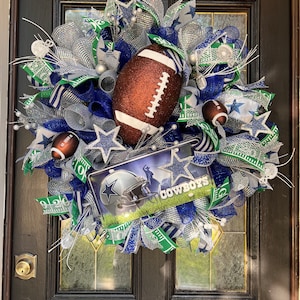Blue and Silver wreath, Cowboys wreath, Football wreath, Dallas cowboy wreath, Cowboys decor, Large football wreath, Silver and blue decor