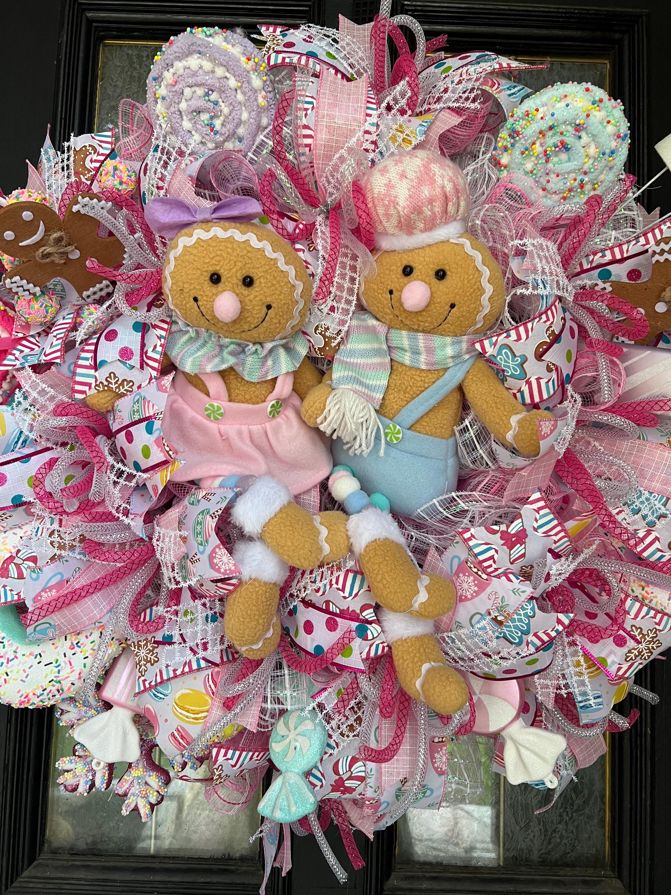 Gingerbread Couple Christmas Door Wreath: Pink Candy Decor - Etsy
