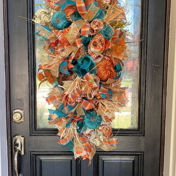 Teal and burnt orange swag, Teardrop door decor, swag fall decor, Thanksgiving door decor, Aqua blue thanksgiving decor, Fall decor