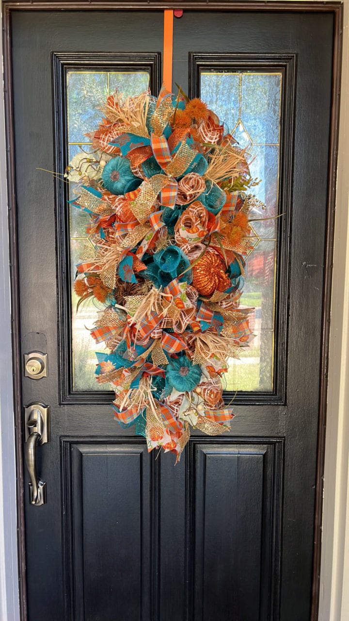 Teal and burnt orange swag, Teardrop door decor, swag fall decor, Thanksgiving door decor, Aqua blue thanksgiving decor, Fall decor