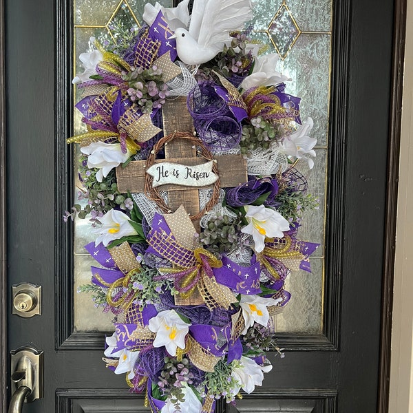 He is risen swag, Xtra large Easter swag, Easter swag for door, purple and white swag, Lillies for Easter decor