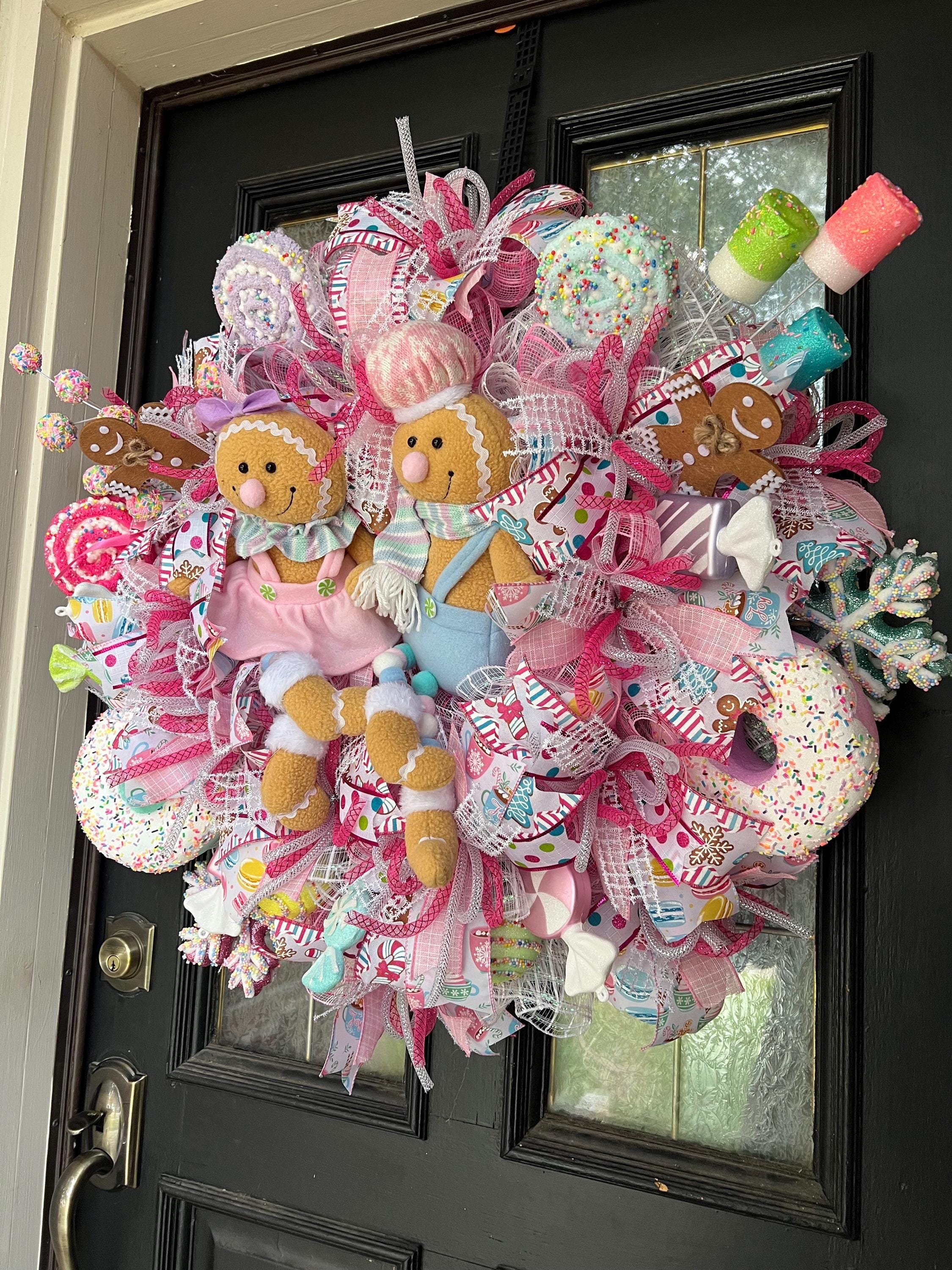 Gingerbread Couple Christmas Door Wreath: Pink Candy Decor - Etsy