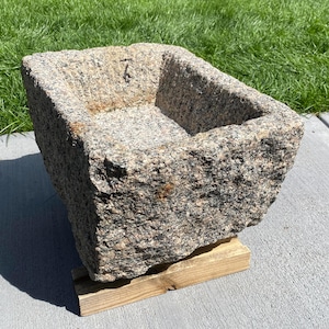 May include: A rectangular, granite stone planter with rough, textured sides. The planter is supported by a small wooden base and sits outdoors on a concrete surface, with green grass in the background. The stone has a mix of gray, brown, and tan colors.