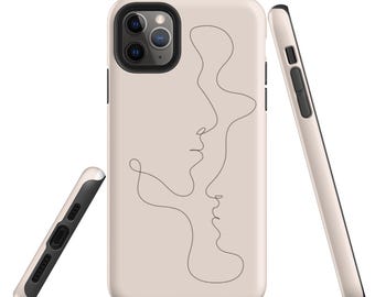 Minimalist Kiss iPhone Case: Abstract Line Art, Tough Dual Layer Cover